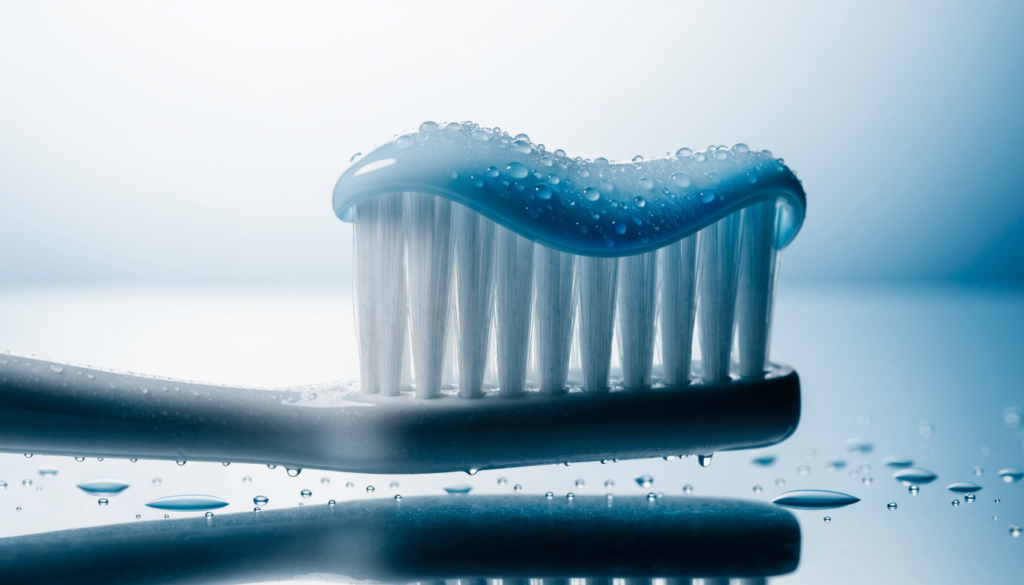 Brosse à dents avec dentifrice bleu et gouttes d'eau — dentifrice avec ou sans fluor