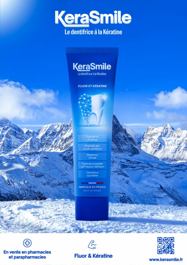 Tube de dentifrice KeraSmile devant un sommet enneigé, en vente en pharmacies et parapharmacies