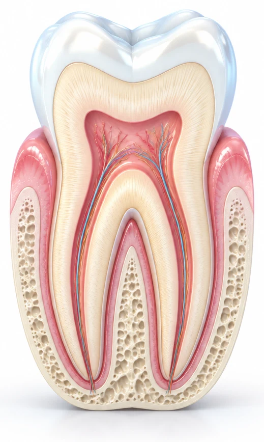 Coupe d'une dent : émail, dentine, pulpe, gencive et os